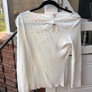 Reba White Long Sleeve Top with Keyhole and Studs